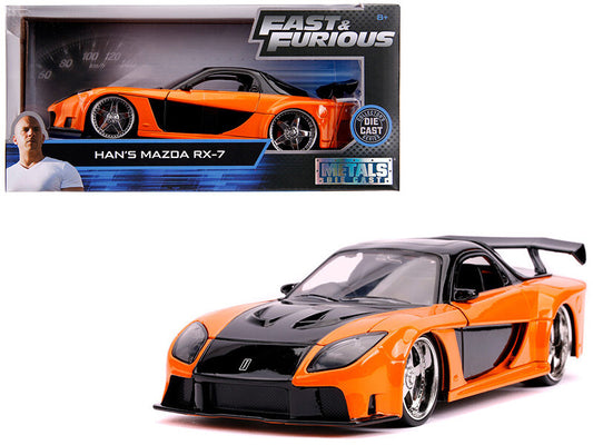 Han's Mazda Rx-7 Rhd (Right Hand Drive) Orange And Black Fast & Furious" Movie 1/24 Diecast Model Car By Jada"""