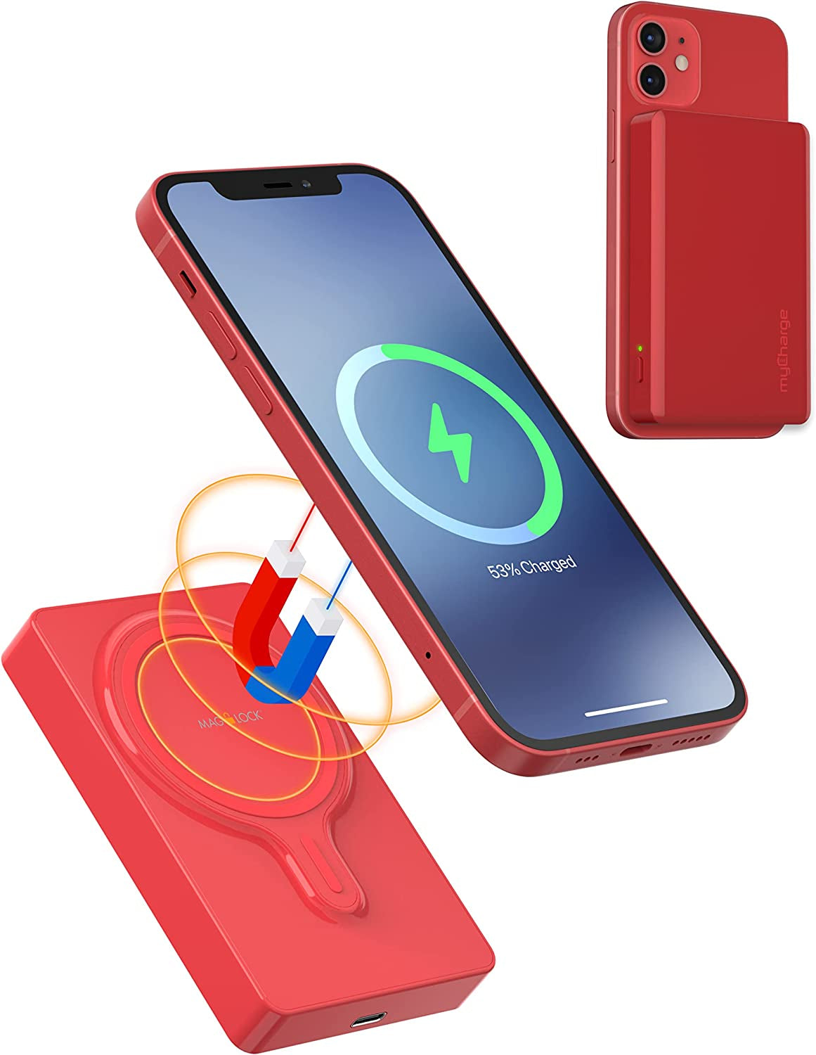 Portable Charger Iphone 14, 13, 12 & Mag Safe Cases - Maglock 9000Mah Wireless Magnetic Power Bank - Compatible with Magsafe Battery Pack, USB C Cable Input/Output - Red