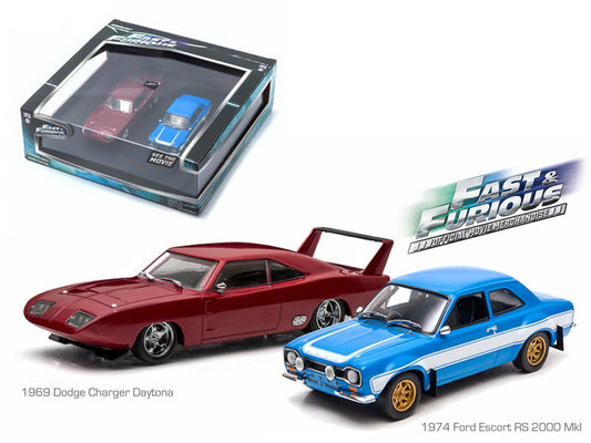 1969 Dodge Charger Daytona And 1974 Ford Escort Rs 2000 Mkl The Fast And The Furious" Movie Set Of 2 Pieces 1/43 Diecast Model Cars By Greenlight"""